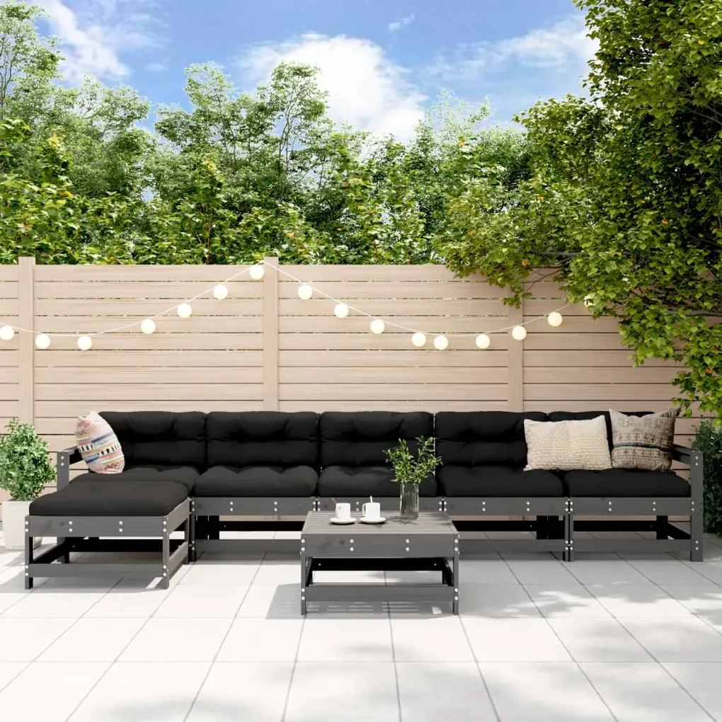 Set divani da giardino 7pz con cuscini in legno massello grigio