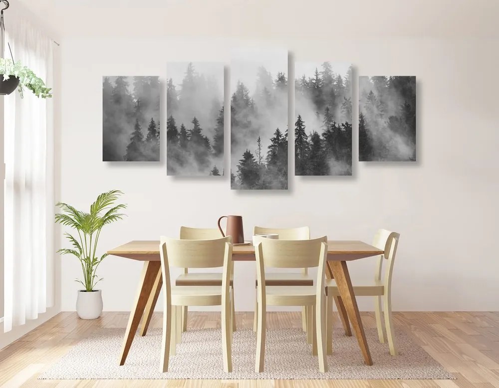 Quadri 5 pezzi – Montagne nella nebbia in bianco e nero