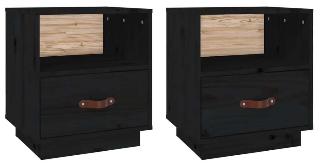 Comodini Nero 2 pz 40x34x45 cm in Legno Massello di Pino