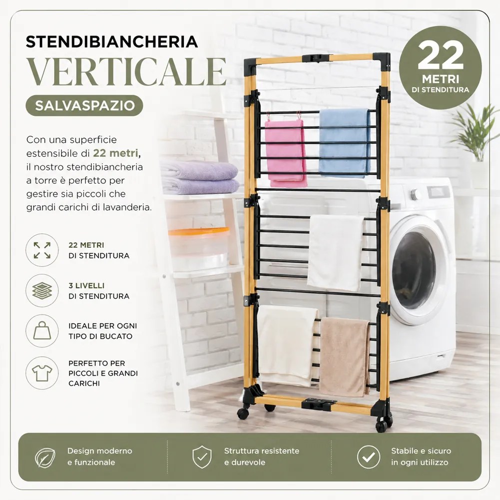 Stendibiancheria a Torre Verticale a 3 Livelli 69x69x136 cm Pieghevole con Ruote Nero e Legno...