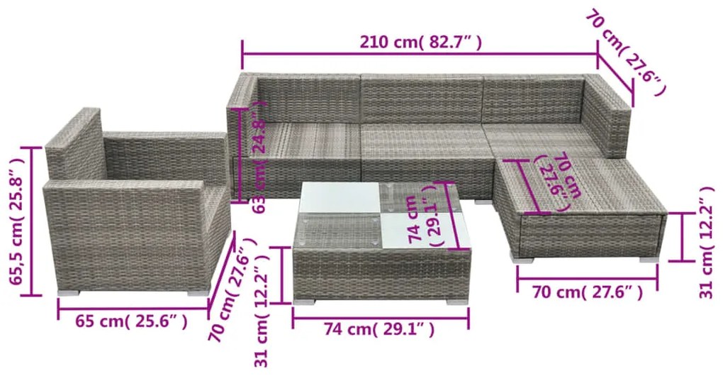 Set Divani da Giardino 6 pz con Cuscini in Polyrattan Grigio