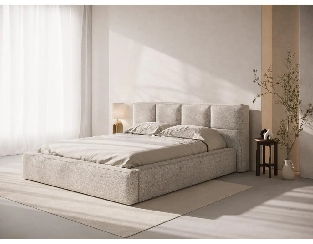 Letto matrimoniale imbottito beige con contenitore con rete inclusa 140x200 cm Simon Darren – Micadoni