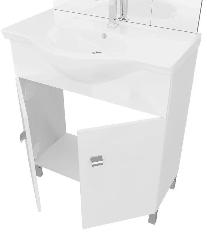 Mobile bagno a terra 75 cm Creta bianco lucido con lavabo e specchio con pensile