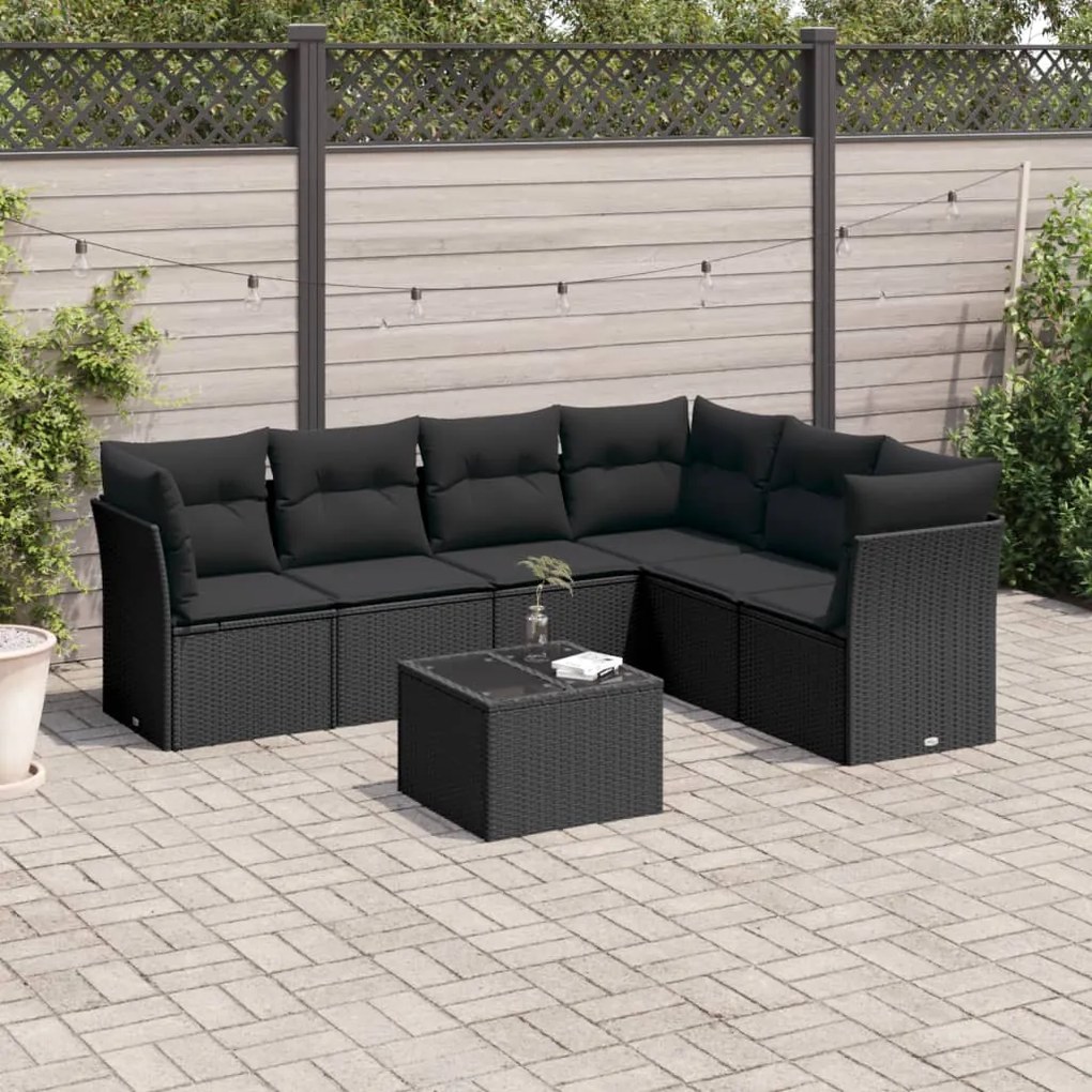 Set divani da giardino con cuscini 7pz nero polyrattan