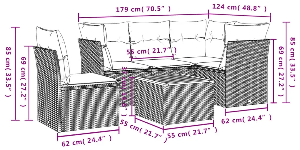 Set divano da giardino 6 pz con cuscini grigio in polyrattan