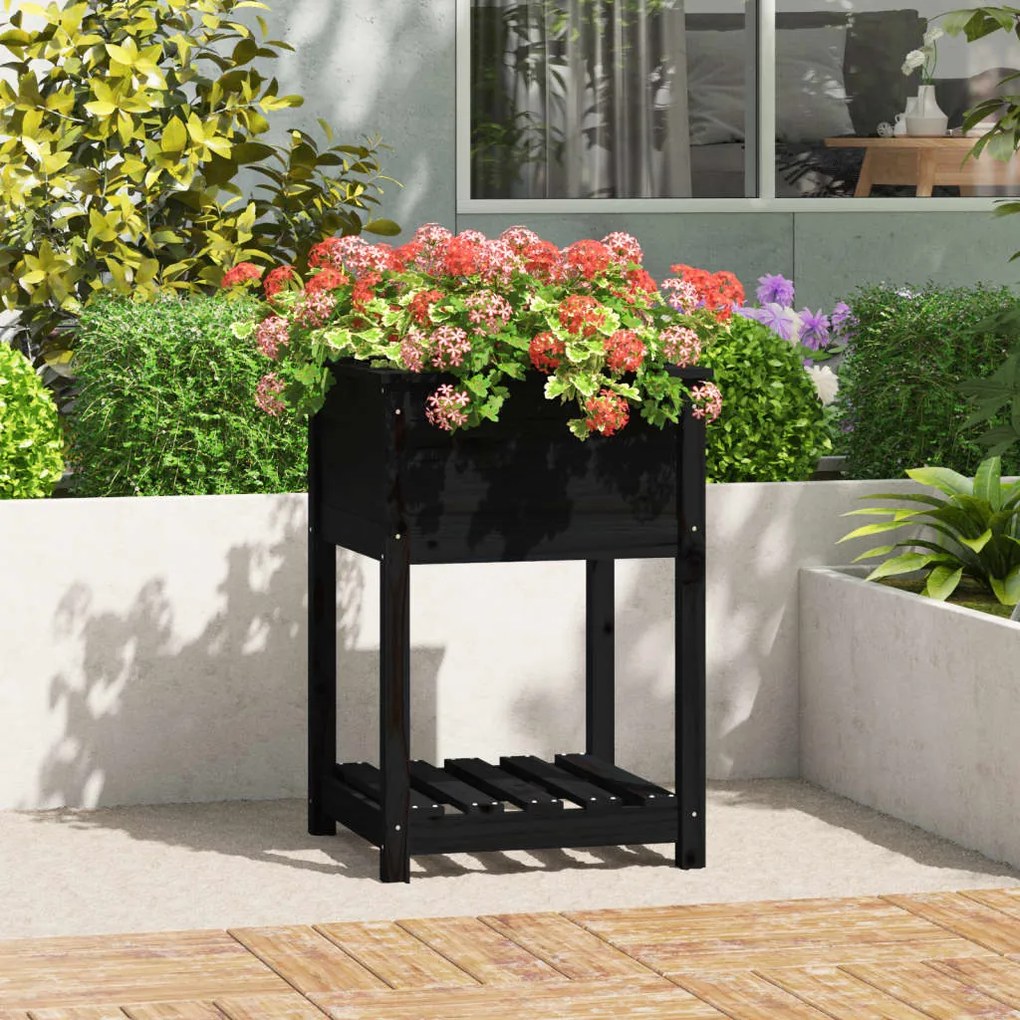 Fioriera Con Mensola Nera 54x54x81 Cm İn Legno Massello Di Pino /