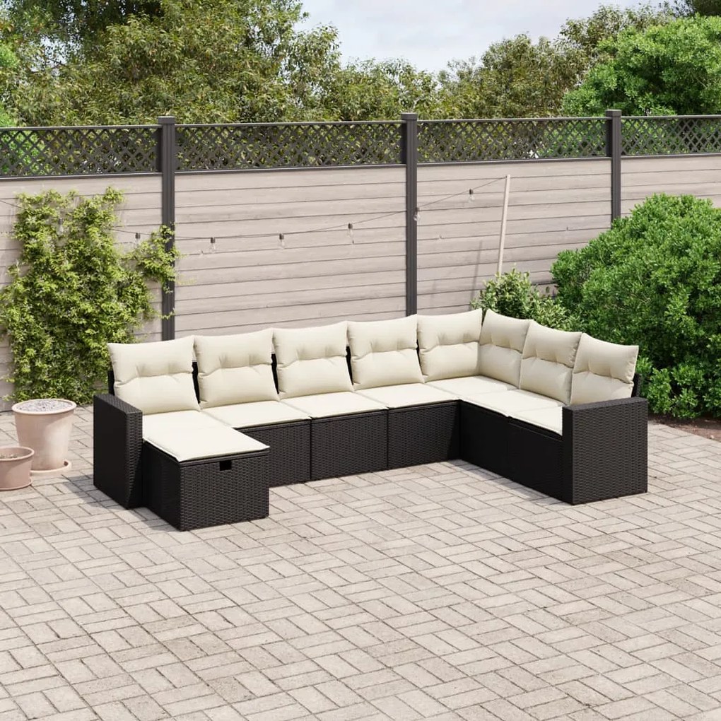 Set divani da giardino con cuscini 8 pz nero in polyrattan