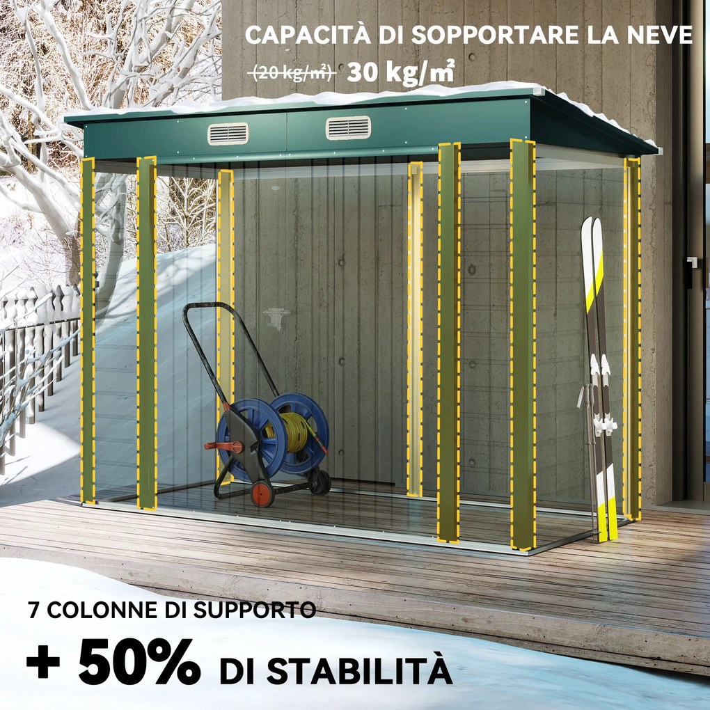 Capanno Porta Attrezzi 249x121x183 cm con 2 Prese d'Aria e Chiavistello in Acciaio Verde...