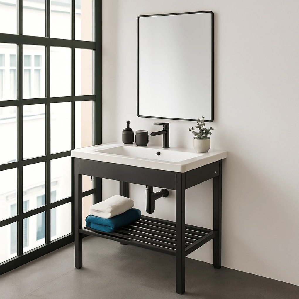 Mobile Bagno a Terra 60 Cm Specchio 50x70 Cm Feridras "Borg" Nero Opaco