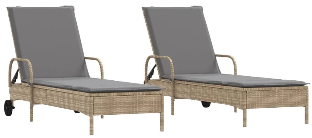 Lettini prendisole 2 pz con cuscini beige in polyrattan