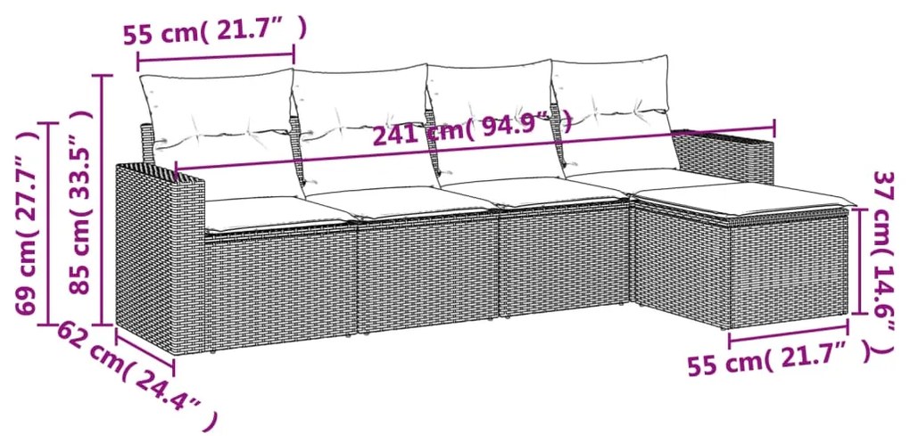 Set divano da giardino 5pz con cuscini grigio chiaro polyrattan