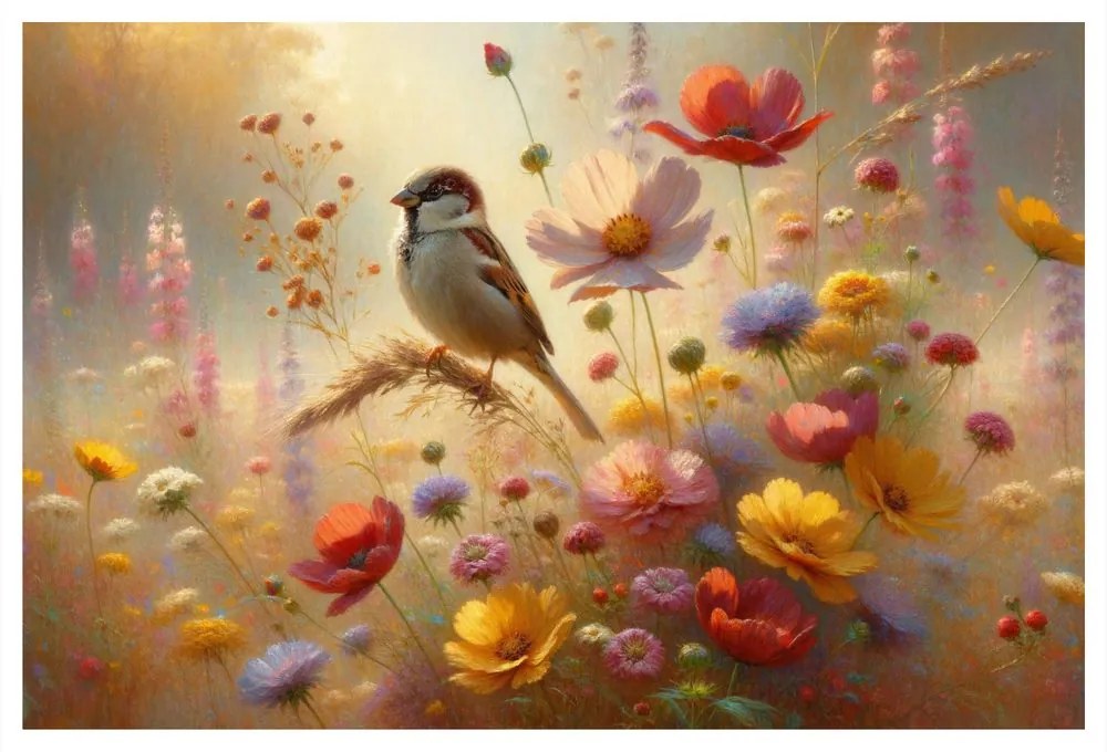 Quadro su tela – Passero nel giardino fiorito
