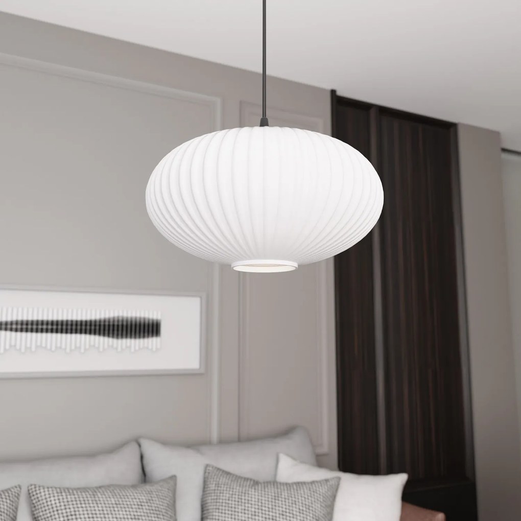 Sospensione 1 Luce Iris In Acciaio Nero Paralume Plissettato Bianco