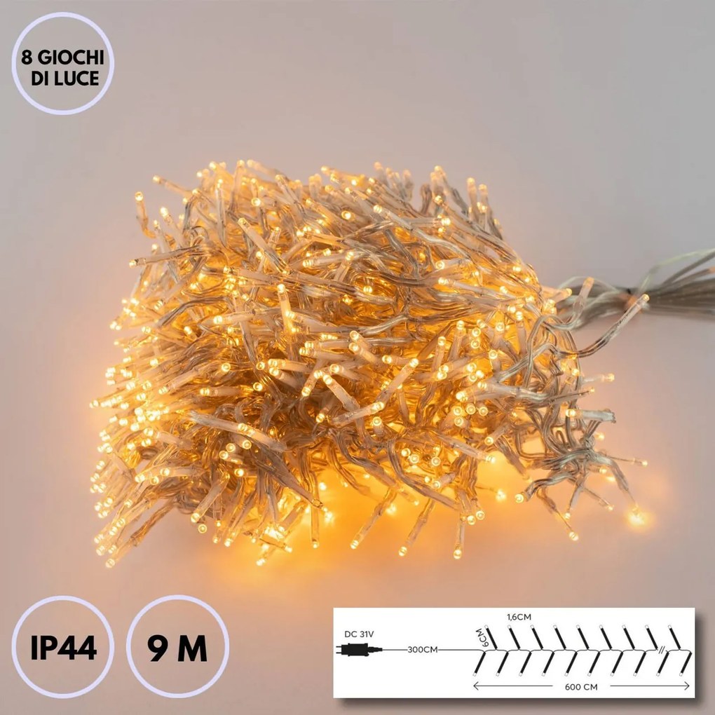 Catenaria Natalizia LED 9m 8 GIOCHI DI LUCE Cavo TRASPARENTE IP44 Colore Bianco Caldo 2200 - 2300 °K