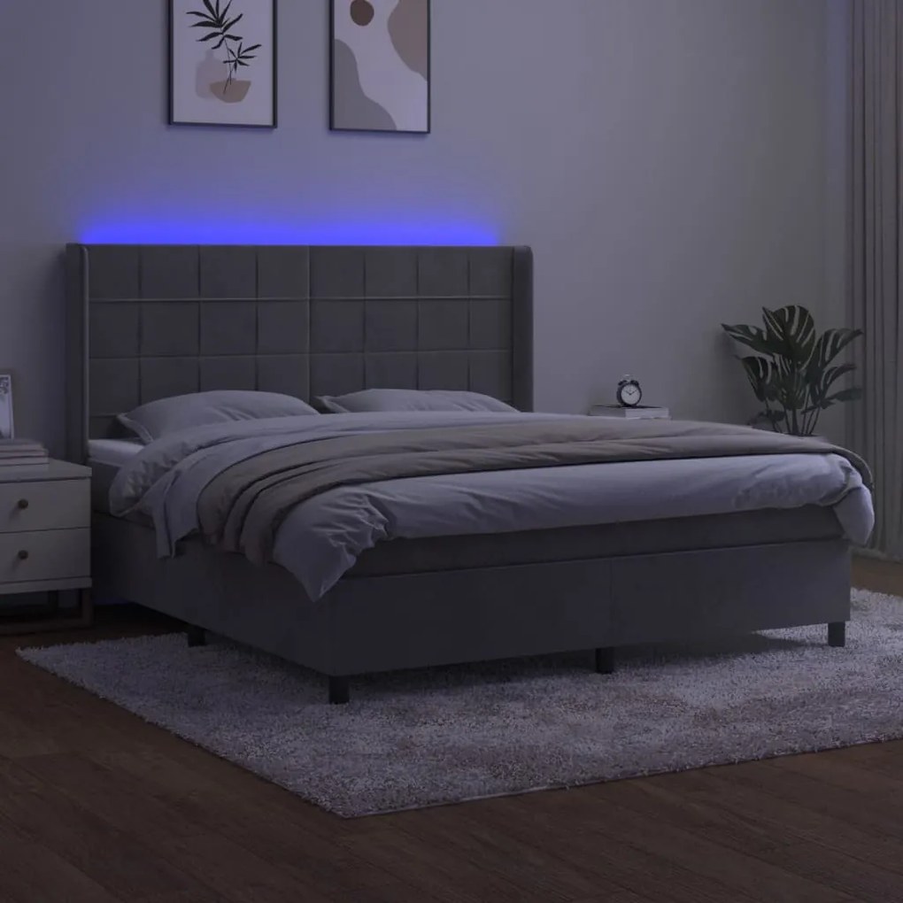 Letto a Molle Materasso e LED Grigio Chiaro 180x200 cm Velluto