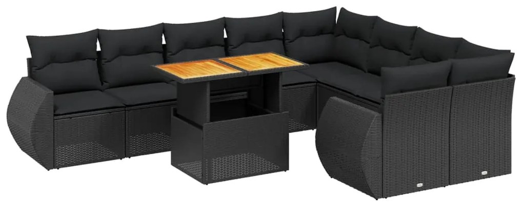 Set divani da giardino 10pz con cuscini in polyrattan nero