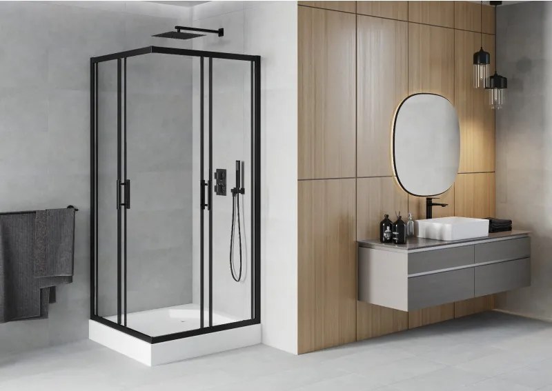 Mexen Rio cabina doccia quadrata 90 x 90 cm, trasparente, nero + piatto doccia Rio, bianco - 860-090-090-70-00-4510