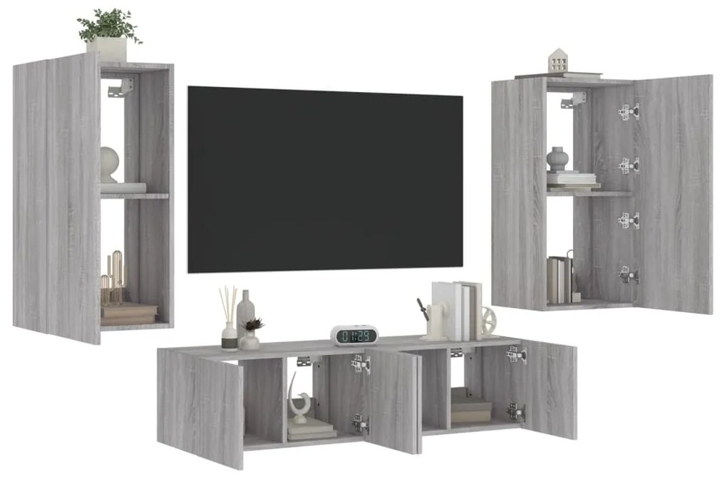 Mobili Tv A Muro Con Led 4pz Grigio Sonoma İn Legno Multistrato /