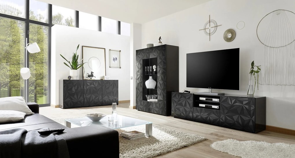 Sala moderna completa di porta tv e madia 3 ante e vetrina, finitura grigia con serigrafia prismatica