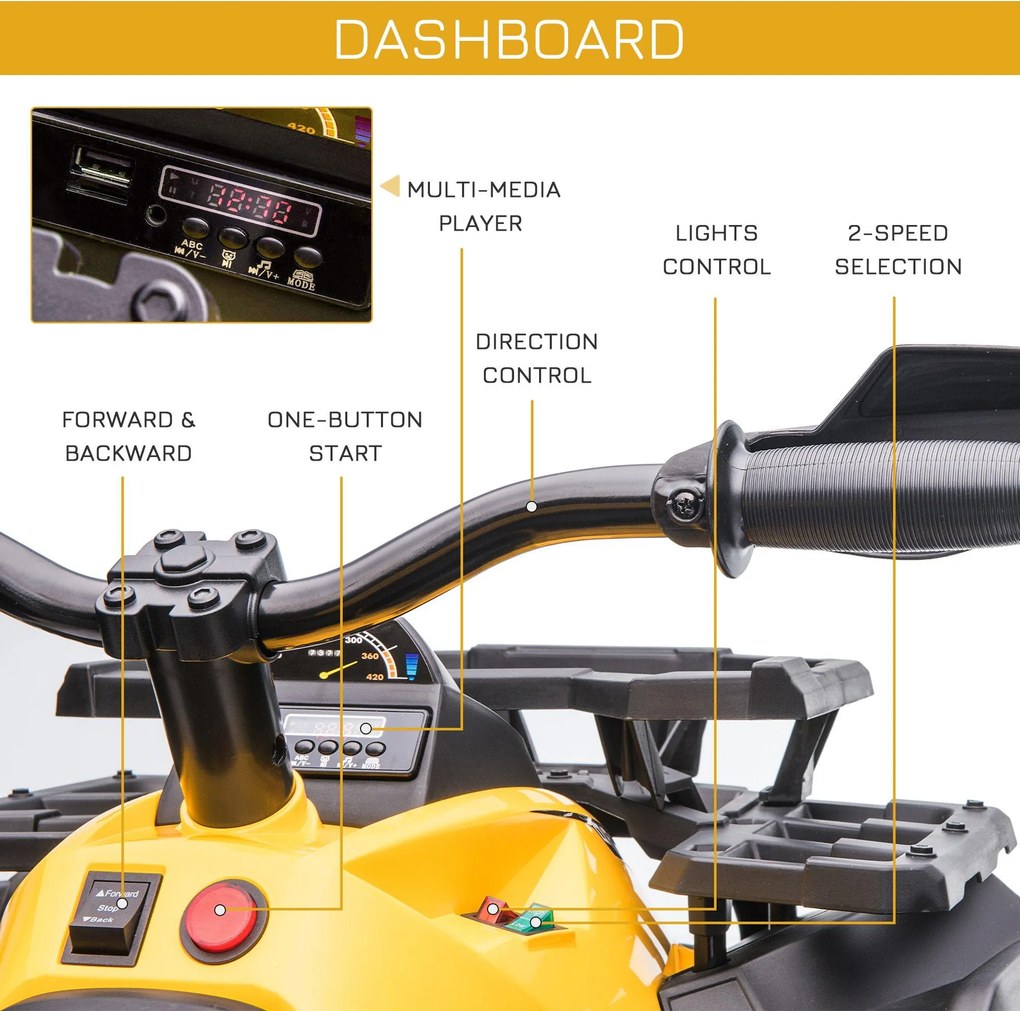 Quad per Bambini Elettrico 12V con Fari e Batteria Ricaricabile, Età 3-5 Anni, 100x65x73cm, Giallo...