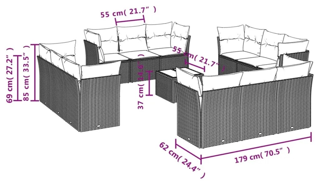 Set Divani da Giardino 13pz con Cuscini Nero in Polyrattan