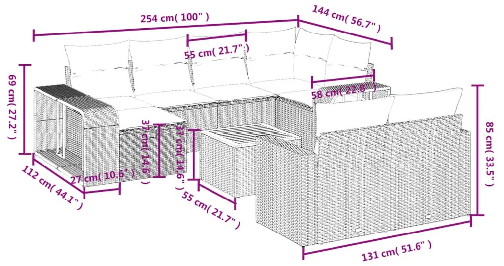 Set divani da giardino 11 pz con cuscini in polyrattan grigio