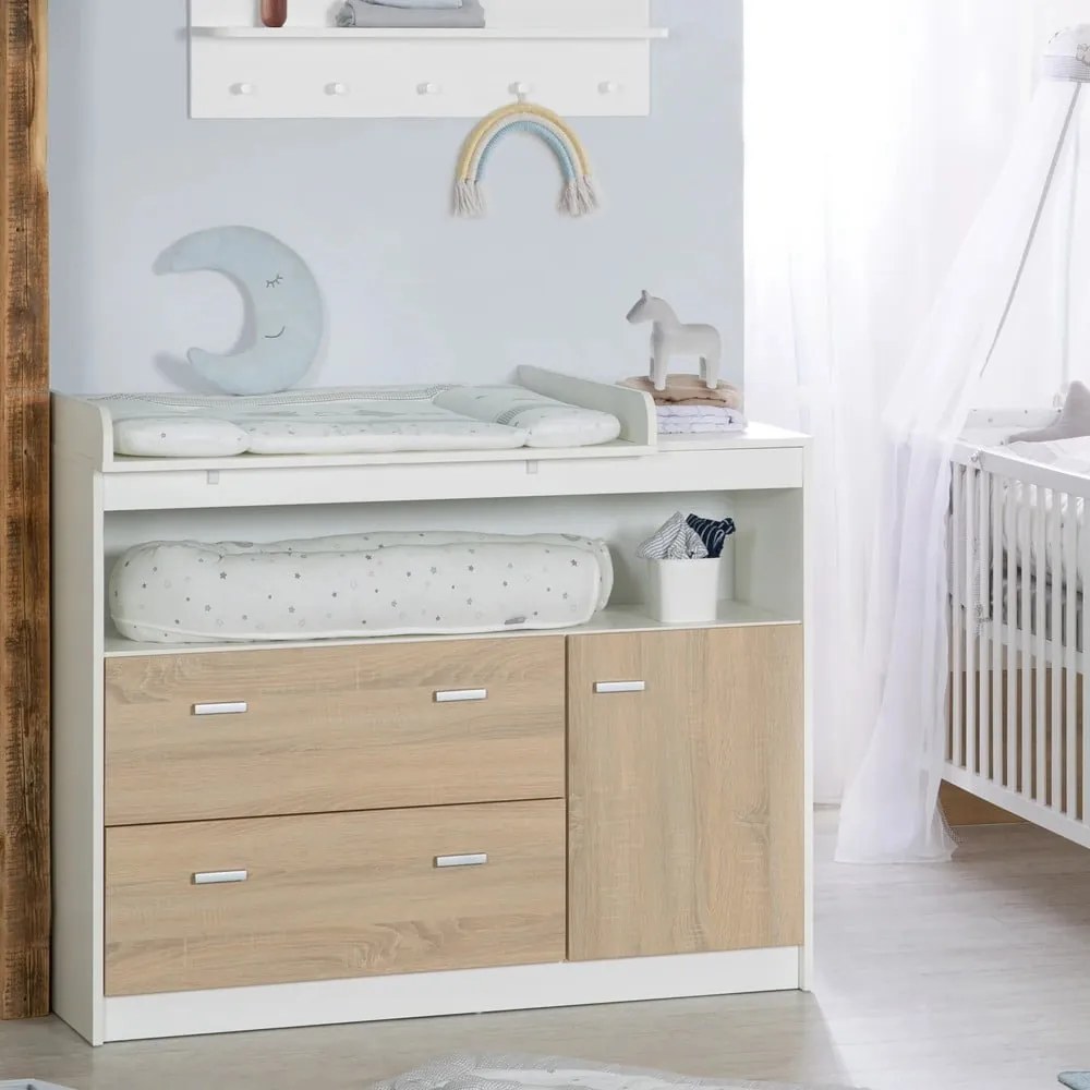 Cassettiera bassa per bambini in rovere con fasciatoio in bianco e naturale 117x98 cm Gabriella - Roba