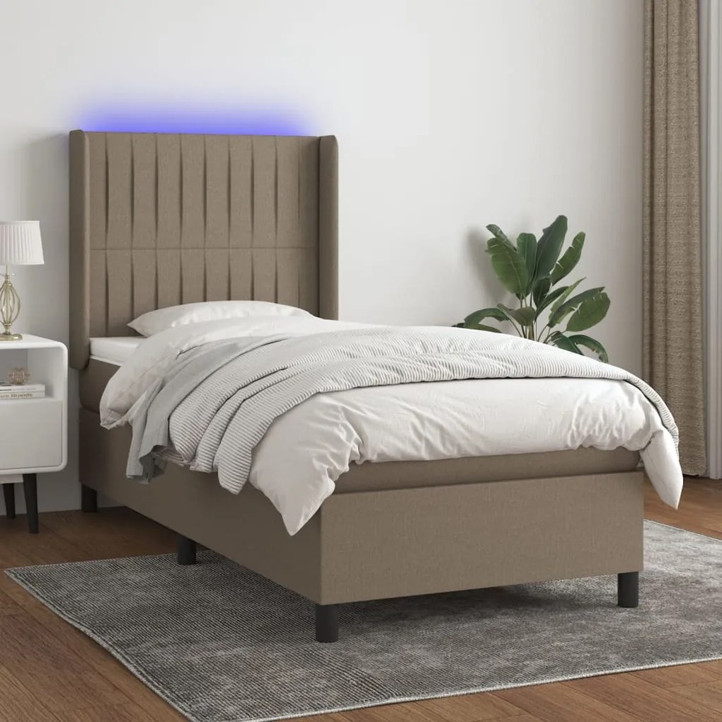 Letto a molle con materasso e led tortora 90x200 cm in tessuto