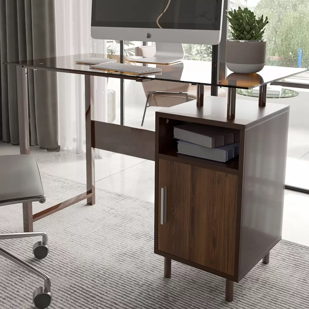 Scrivania Con Ripiano Lucido In Vetro Con 2 Scomparti Scrittoio Mobile Per Computer Desk Da Ufficio Studio Cameretta Soggiorno Sala Da Pranzo 110 x 76.5 x 55 cm (Rovere)