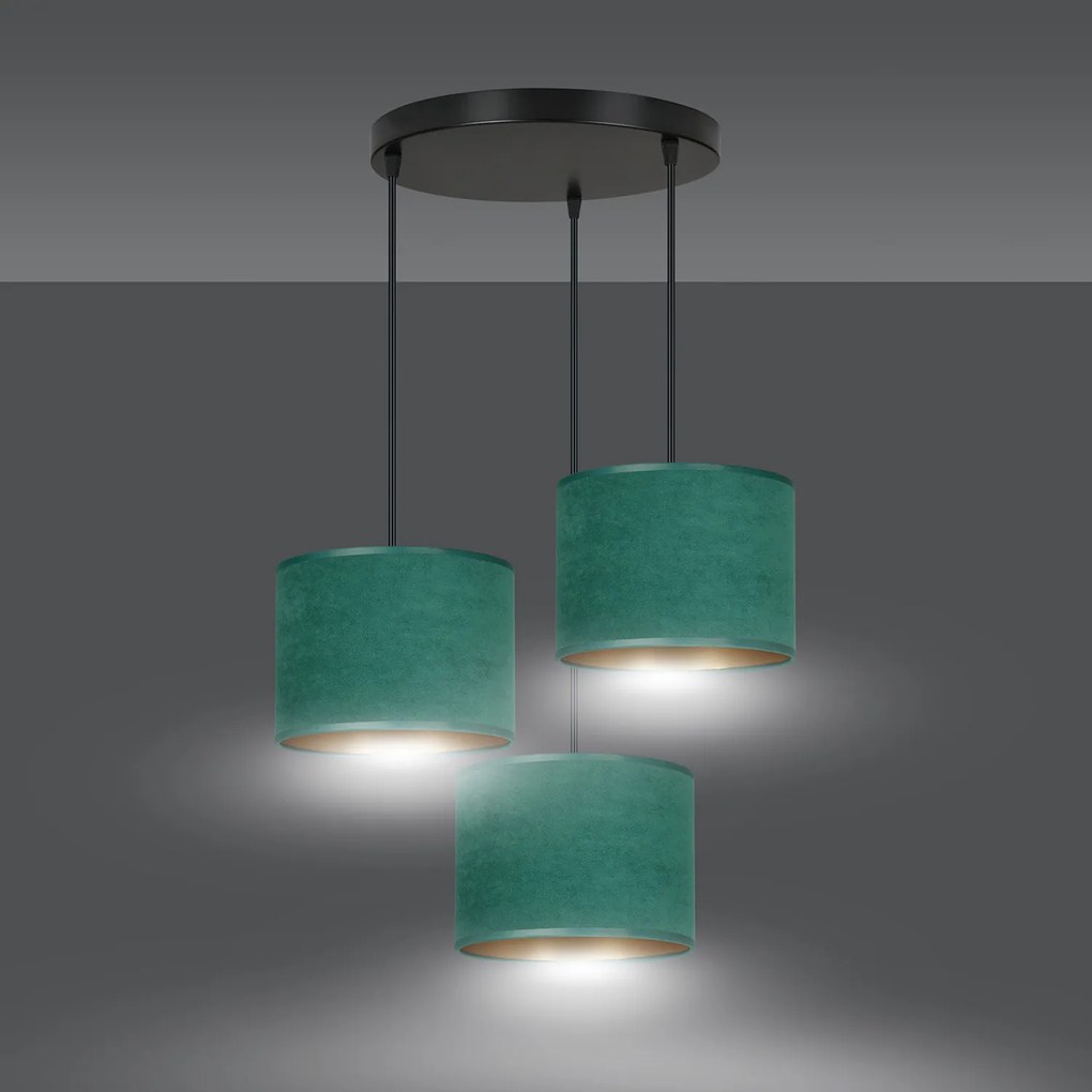 Lampadario Tondo 3 Luci Ganesha In Acciaio Nero E Paralumi In Tessuto Verde
