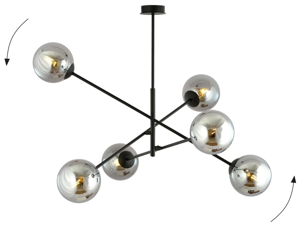 Lampadario 6 Luci Linear In Acciao Nero Con Bracci Regolabili E Vetro Fumè