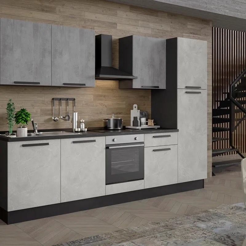 Cucina montata Dora bianco e grigio chiaro, lavello a sinistra, L.300 cm, completa di: cappa a camino, piano cottura a induzione, forno e frigorifero