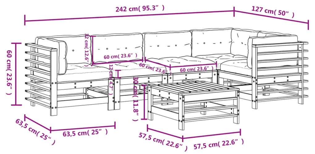 Set Divani da Giardino 6pz con Cuscini in Legno Massello Grigio