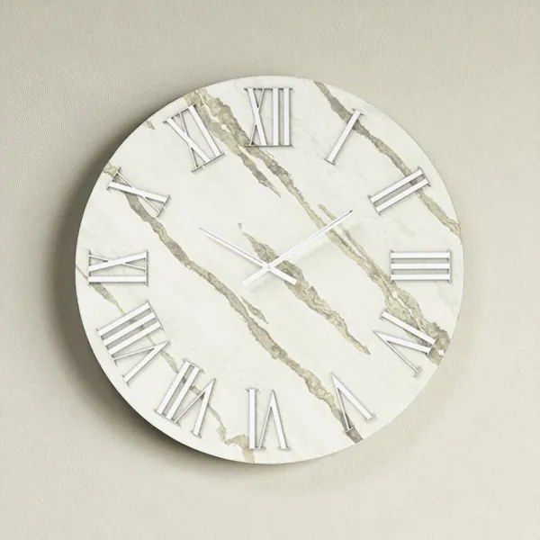 Orologio rotondo D40 cm RYAN in legno rivestito con parato e dettagli Argento