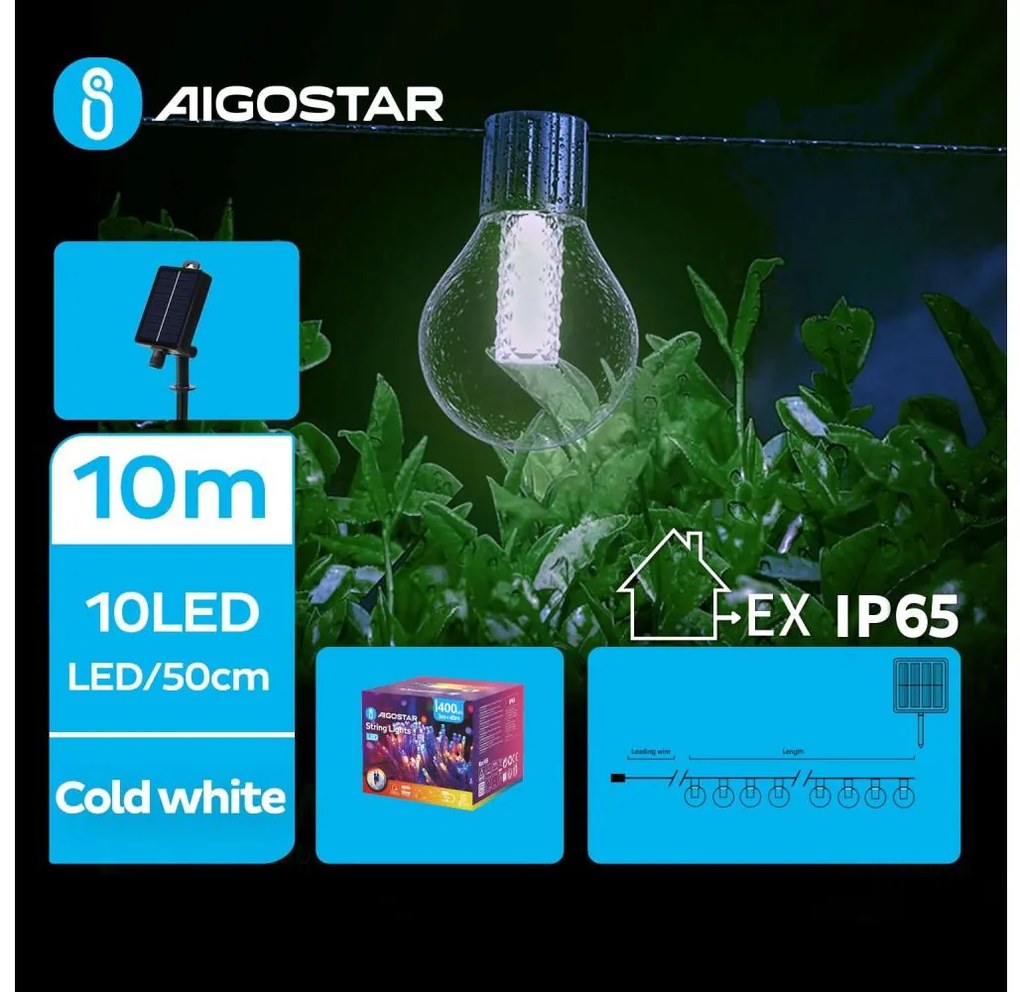 Aigostar - LED Solare catena decorativa 10xLED/8 funzioni 10,5m IP65 bianco freddo
