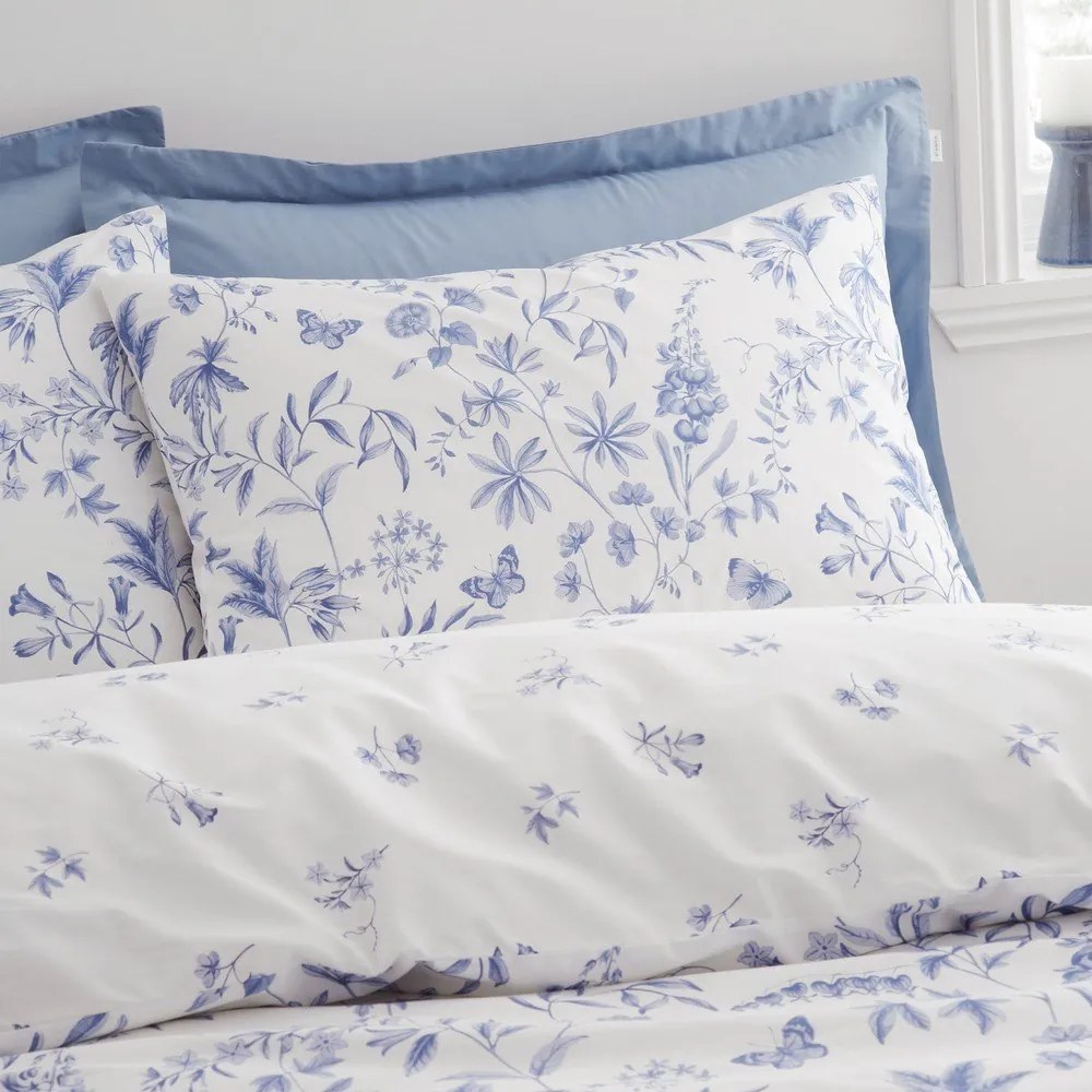 Set copripiumino e federa blu in percalle di cotone per letto singolo 135x200 cm Thea Floral – Bianca