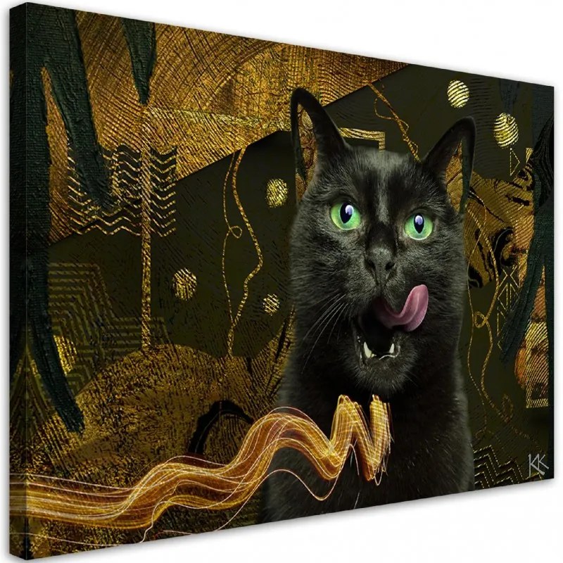 Quadro su tela, Abstrazione d'oro del gatto nero  Dimensioni 60x40