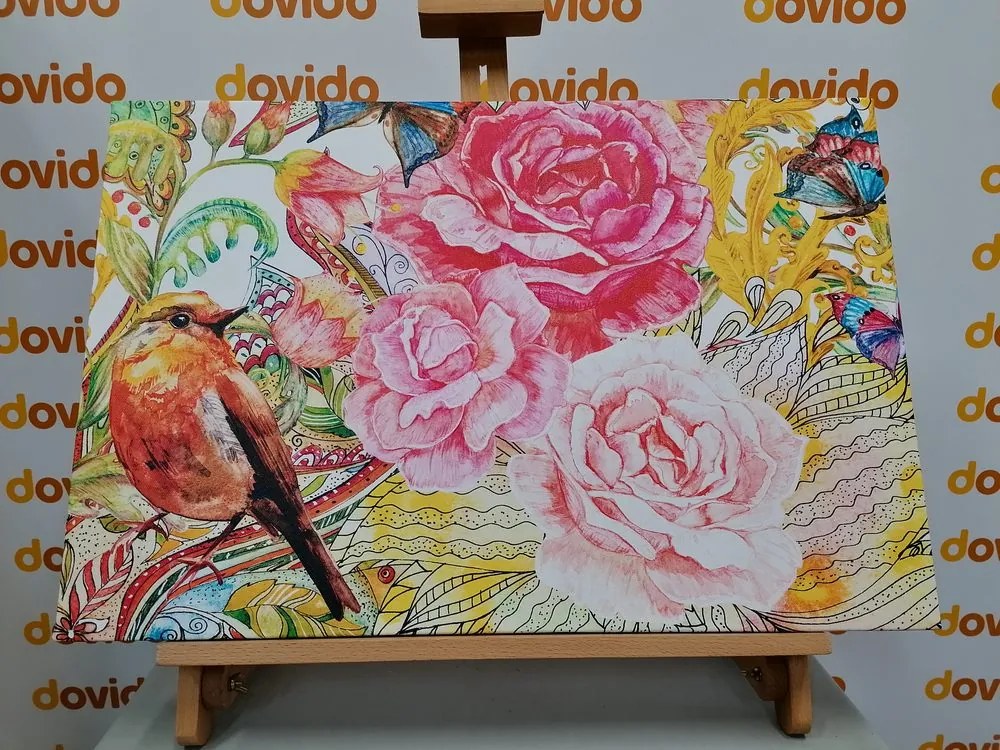 Quadro su tela – Uccellino vintage con fiori