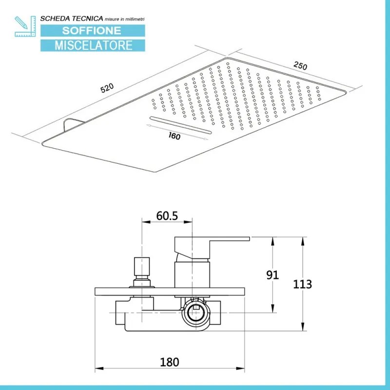 Set doccia incasso Kubo con soffione doccia a muro slim 25x52 con cascata