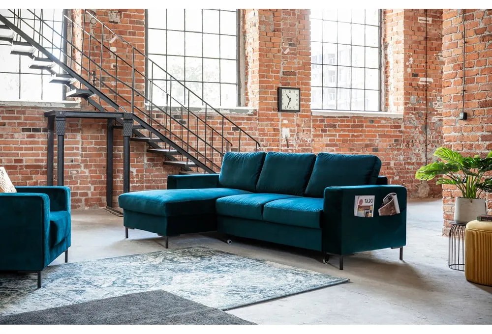 Divano letto angolare in velluto color petrolio (angolo sinistro) Lofty Lilly - Miuform
