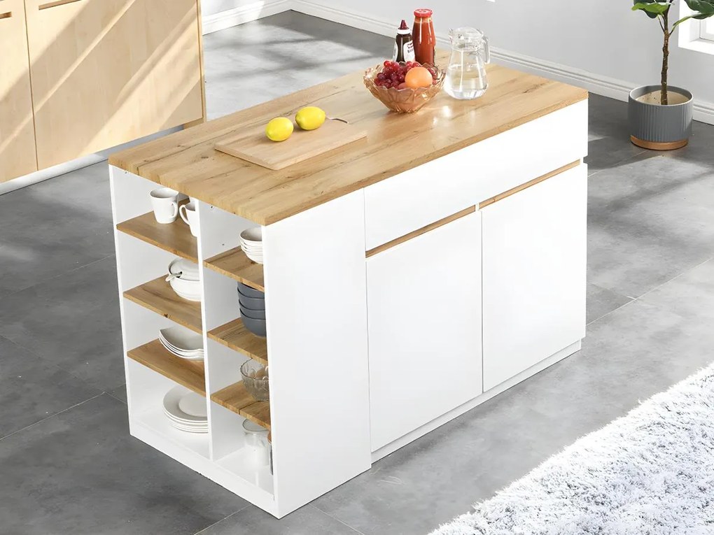 Isola centrale da cucina con vani portaoggetti Bianco e Rovere - MEILI