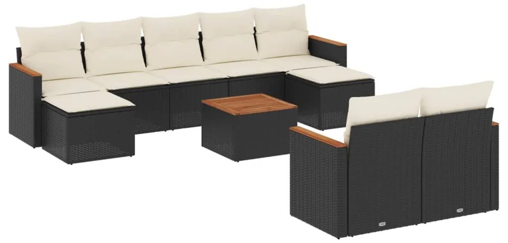 Set divani da giardino 10pz con cuscini in polyrattan nero