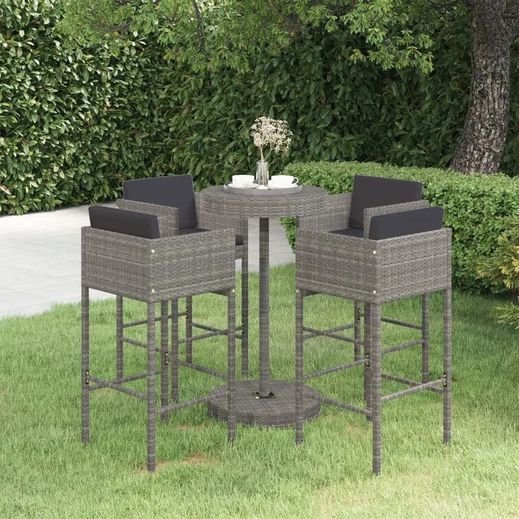 Set da bar da giardino 5 pz con cuscini in polyrattan grigio