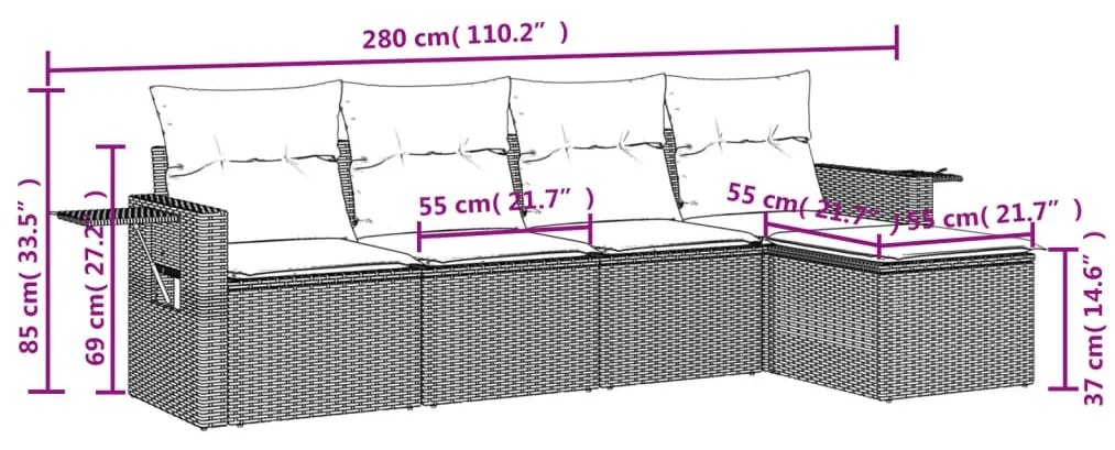 Set Divano da Giardino 5 pz con Cuscini Grigio in Polyrattan