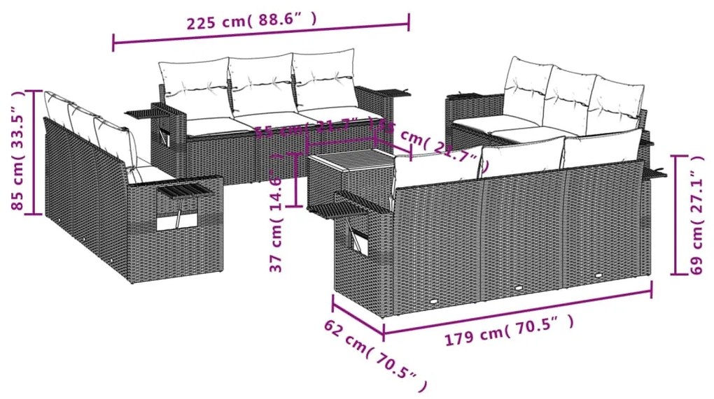 Set divani da giardino 13pz con cuscini nero in polyrattan