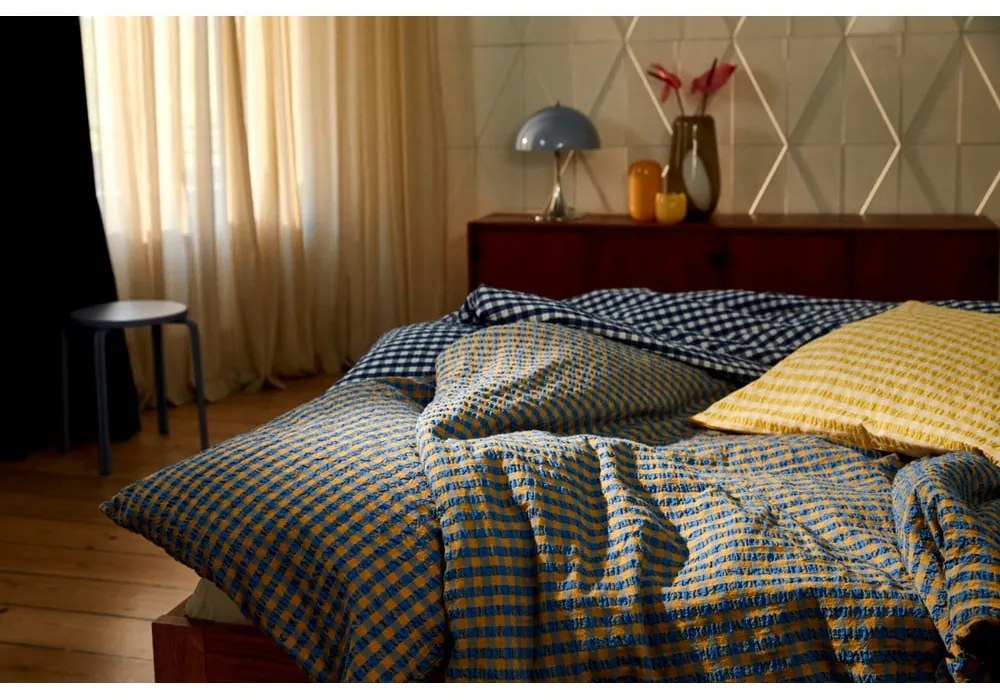 Biancheria da letto in crêpe bianca e blu scuro per letto singolo 140x200 cm Bæk&amp;Bølge - JUNA