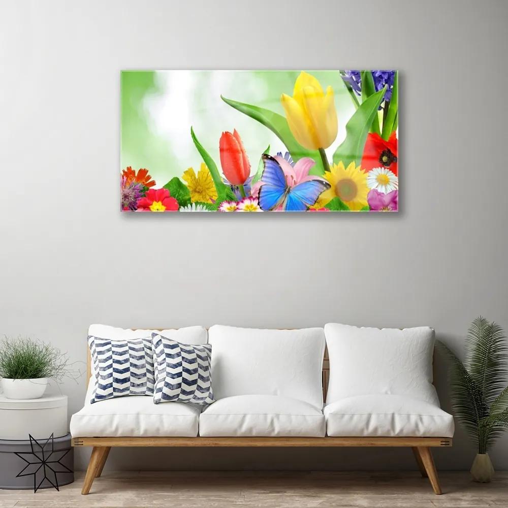 Quadro acrilico Farfalla, fiori, natura 100x50 cm