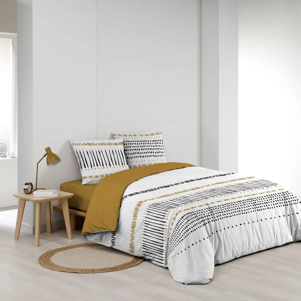 Set copripiumino e federa color senape/bianco in cotone per letto matrimoniale ed esteso 240x220 cm Chicago – douceur d'intérieur