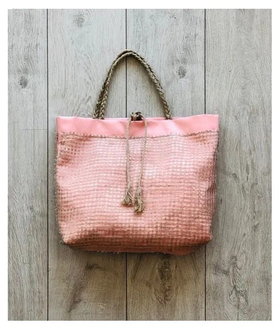 Borsa in lino grezzo rosa con rete