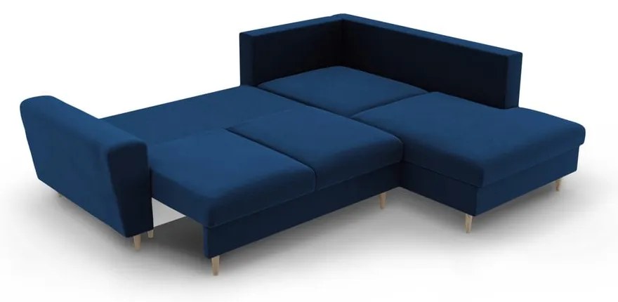 Divano angolare blu allungabile e con contenitore (con penisola a destra/a L) con rivestimento in velluto Kyoto – Cosmopolitan Design